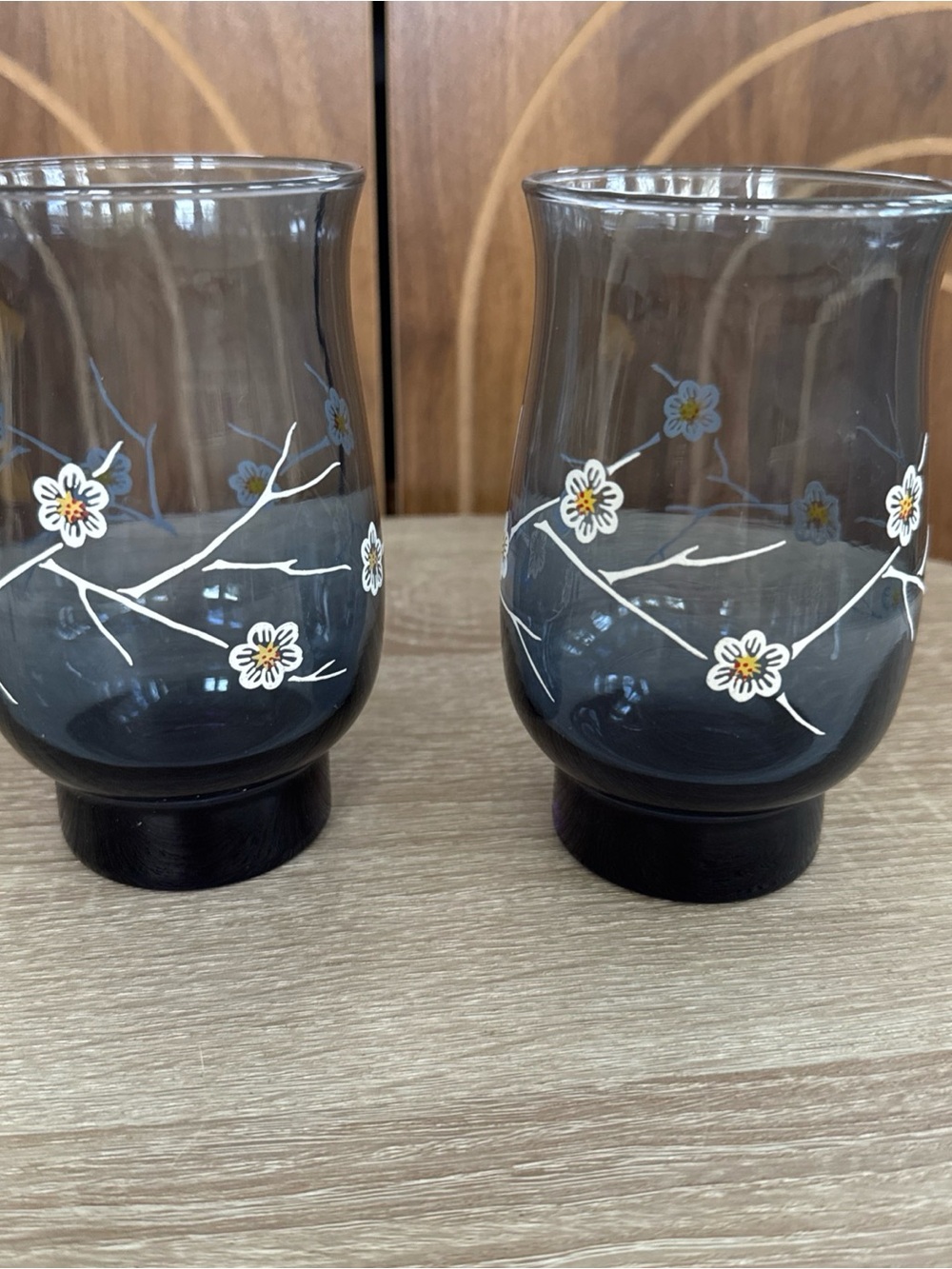 Vintage Libbey Smoky Blue Floral Dogwood Tumblers 5 1/4 - Set of 2